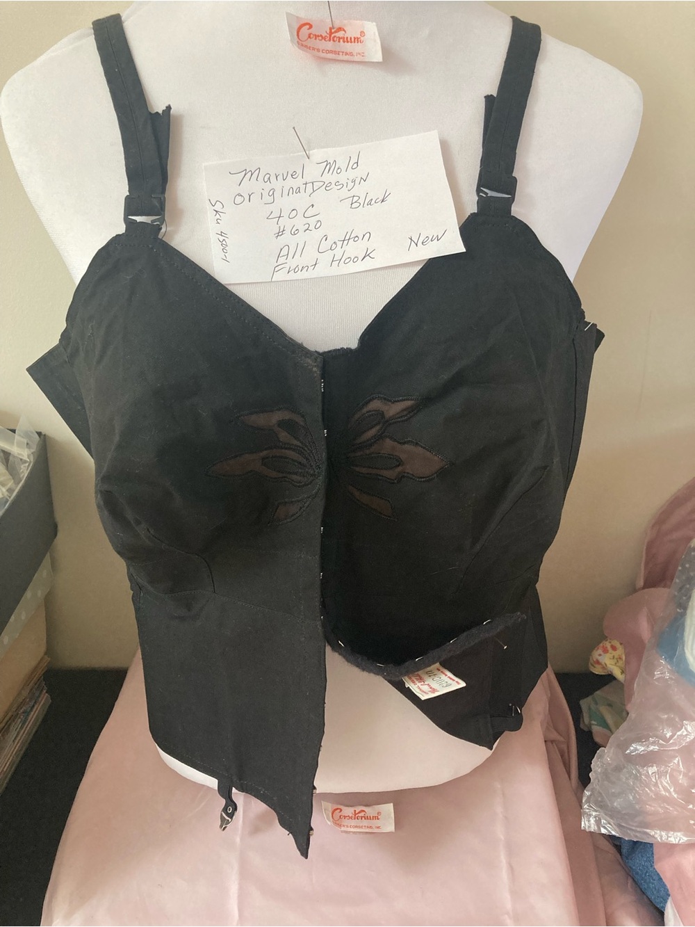 Vintage Front-Hook Black Corset Top cotton 40C design in brs